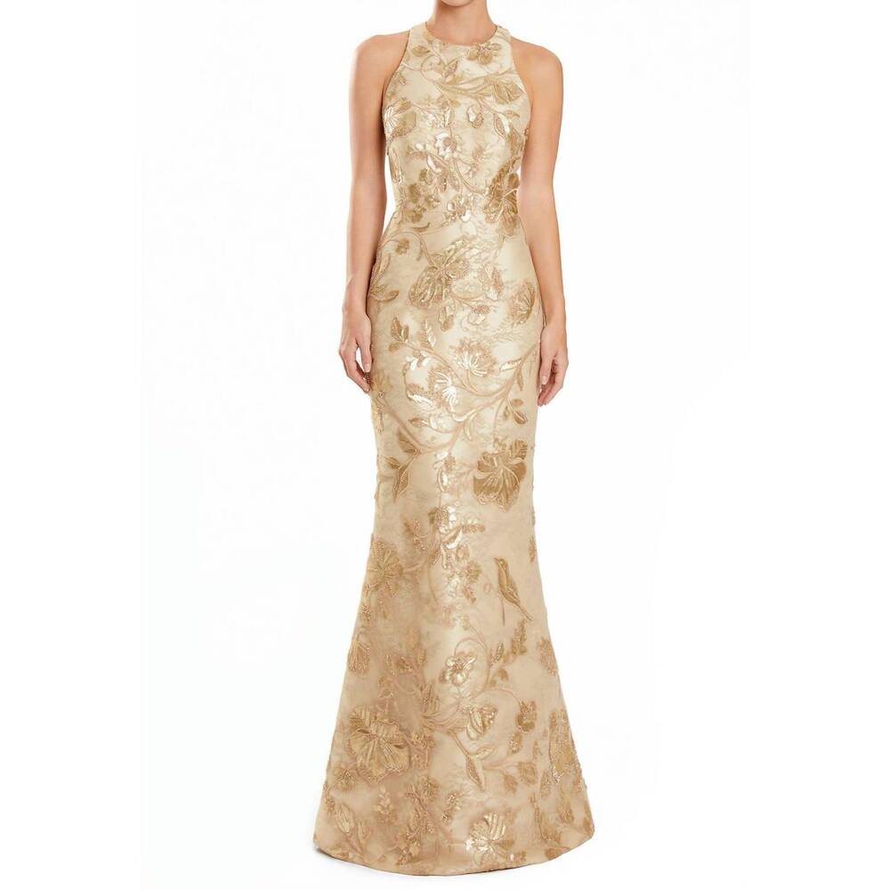 NEW DAYMOR halter embellished sheath evening gown in gold